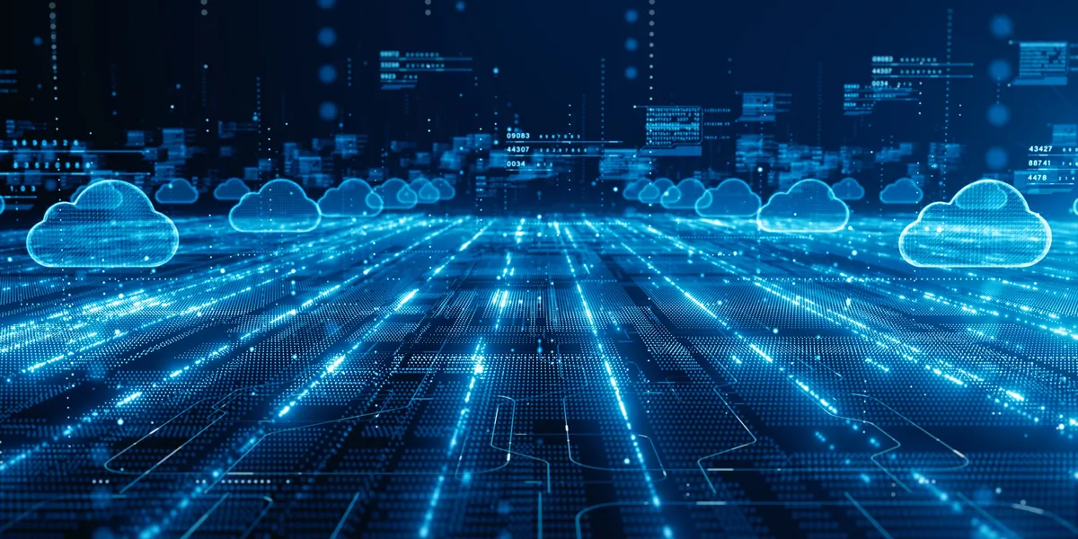 Glowing cloud icons above streams of digital data